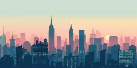 Obraz premium Trendy minimalistic cityscape poster depicting a vibrant skyline at sunset