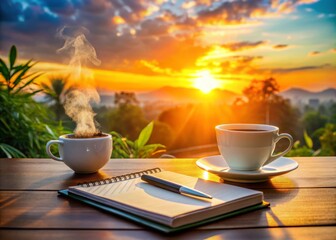 Vibrant sunrise lights up a steamy cup of coffee on a modern desk, surrounded by organized notes and a blank planner, signaling a productive new week.