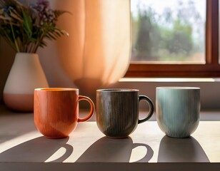 Obraz premium Coffee mugs are displayed in soft afternoon light, highlighting their unique designs and colors.