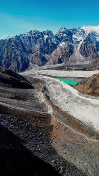 Aerial footage of glaciers and moraines around Ponkar lake and High camp, Manaslu trek, Nepal