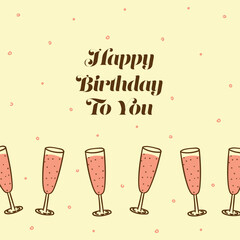 Happy birthday postcard with glasses of wine, vector illustration in retro vintage style.