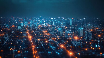 Fototapeta premium Smart city and communication wireless network 5G. Rounded abstract cityscape network connection, internet and global connection concept. copy space for text.