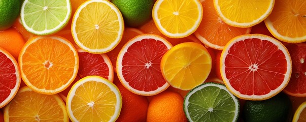 A vibrant assortment of fresh citrus fruit slices including lemons, oranges, grapefruits, and limes, showcasing colorful and healthy produce.