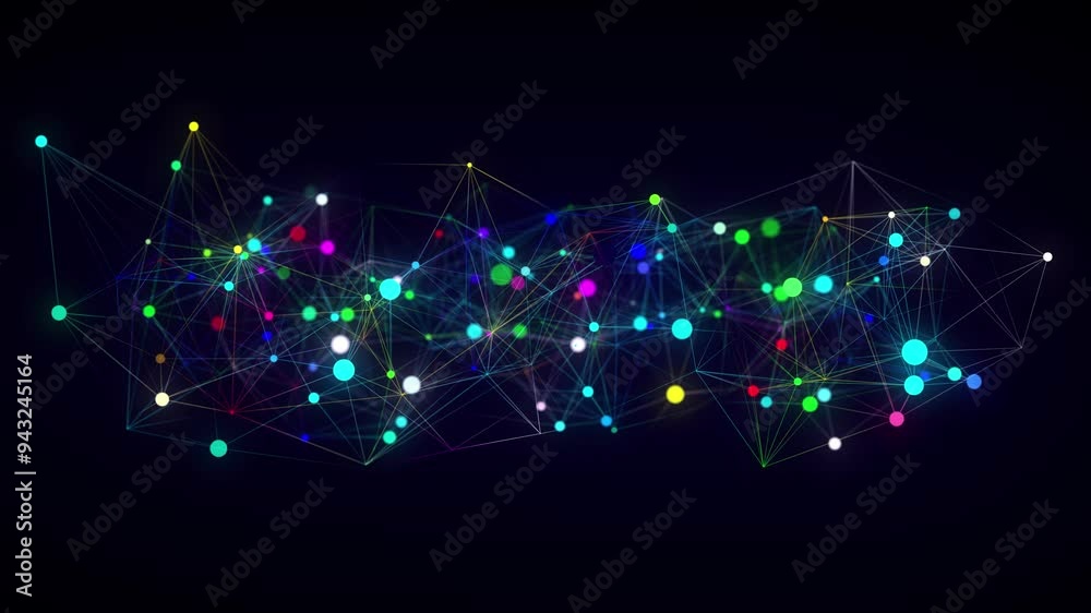 Poster Business futuristic backdrop. Network connection structure cyberspace with moving particles. Big data visualization. Abstract cyber security background. 3D rendering.