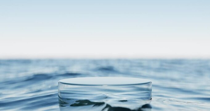 Glass podium on wave beach and blue sky abstract background. Copy space for product presentation. 3d render.	
