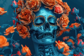 Mexican folk art, close-up view of a Day of the Dead calavera skeleton figure carved from wood. Beautiful simple AI generated image