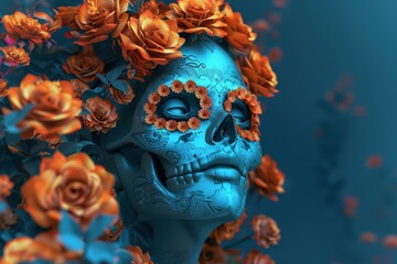 Mexican folk art, close-up view of a Day of the Dead calavera skeleton figure carved from wood. Beautiful simple AI generated image