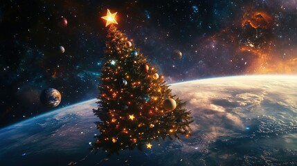 Christmas tree orbiting Earth with planet ornaments in space