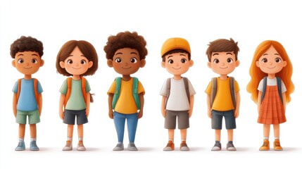 Six children lined up in bright summer clothes