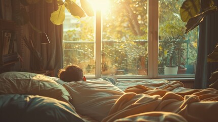 The view outside the window shows a man waking up in the morning. 