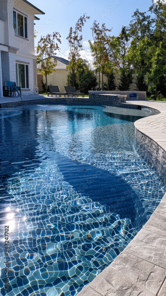 Poster a pool with a blue tile design and a white house in the background