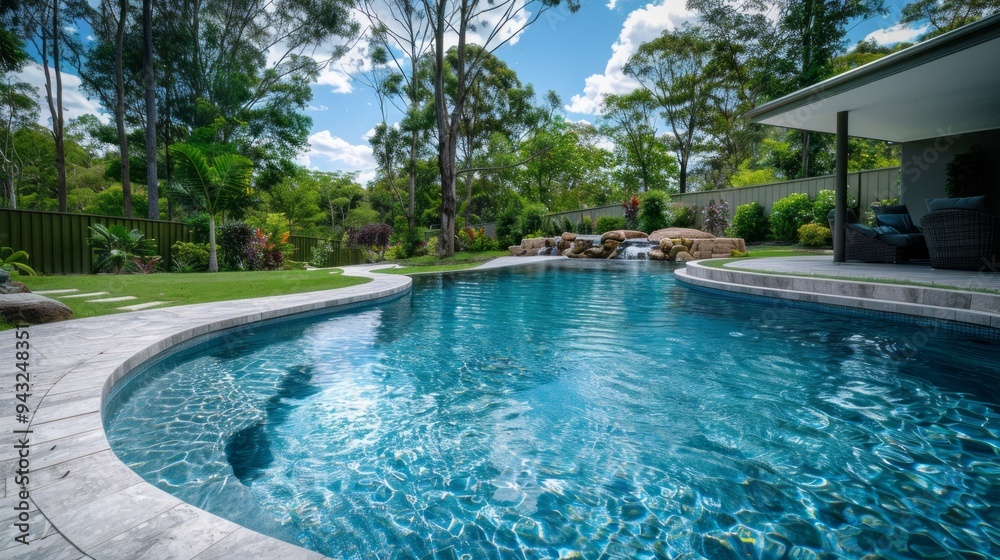 Poster A large pool with a waterfall and a fence in the background