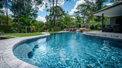 A large pool with a waterfall and a fence in the background