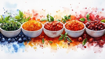 Assorted spices and herbs in bowls with vibrant colors