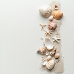 Seashells and Starfish Arranged on Wavy White Sand Background
