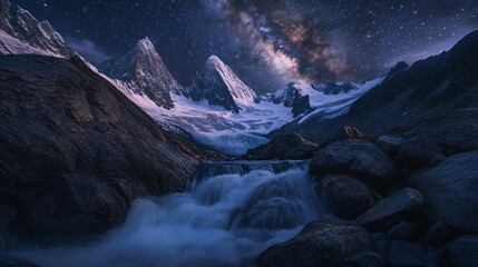 Naklejka premium small stream in a mountainous landscape at night with starry sky