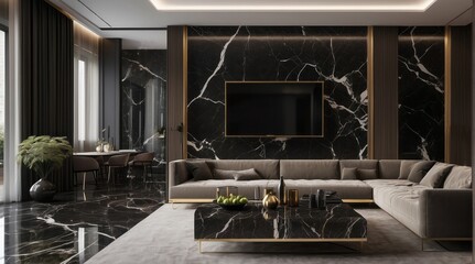 Modern Living Room Interior with Black Marble Walls and Gold Accents