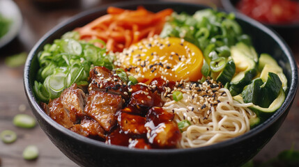 Fototapeta premium Asian Noodle Bowls, Enjoy a delicious Asian food bowl filled with noodles, fresh vegetables, and savory meat for a satisfying meal