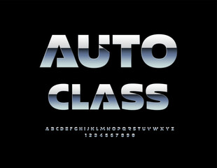 Vector premium emblem Auto Class. Modern Stylish Font. Trendy Silver Alphabet Letters and Numbers set.