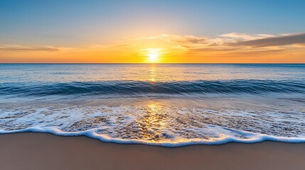 Serene Dawn: Vibrant Sunrise Over Calm Ocean with Gentle Waves, Copy Space for Text