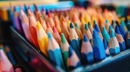 Obraz premium Colorful pencils lined up in a row. Close up shot of colorful pencils with a focus on blue hues.