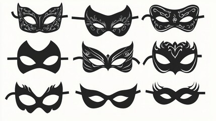 Minimalist black silhouette masquerade masks, elegant vector illustrations.
