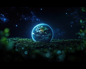 Fototapeta premium Beautiful Image of the Earth in Space with Stars and Galaxy as Seen from a Green Grassy Field