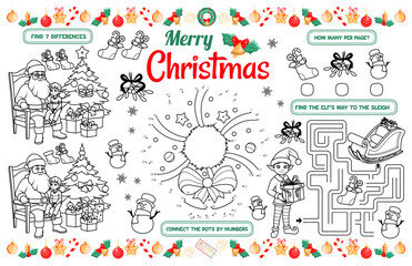 Festive placemat for children. Printable activity sheet "Merry Christmas" with a labyrinth, connect the dots, and find differences. 17x11 inch printable vector file