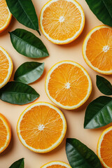 Orange Slices,  Fresh orange slices with vibrant green leaves, beautifully arranged against a soft peach-colored background for a refreshing and appetizing look
