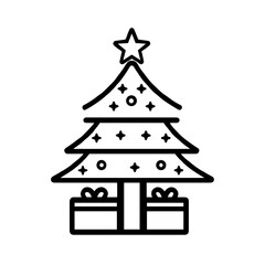 A minimalist line drawing features a stylized Christmas tree adorned with decorations and placed alongside two wrapped presents, evoking holiday spirit
