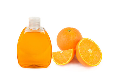 Shampoo and shower gel with citrus extract isolated on white. Collage. There is free space for text.