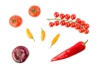 Set of vegetables isolated on white. Top view. Collage.