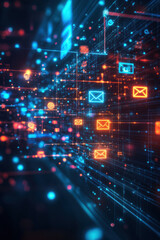 Naklejka premium Digital Communication, Futuristic digital network featuring bright icons that symbolize email communication and data transfer in a modern tech-inspired design