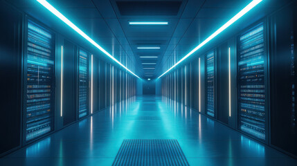 Futuristic Data Center,  High-tech data center featuring glowing server racks and bright blue lighting, highlighting state-of-the-art technology and rapid data processing