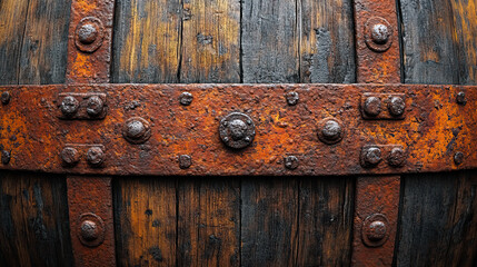 Fototapeta premium weathered wooden surface bound by a corroded iron strap with round bolts.