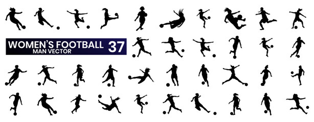 set of silhouettes of athletes, and female football players.