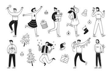 Set of funny party on the occasion of celebration. Merry Christmas concept. Happy holidays, people, gifts, Christmas trees, decorations. Doodle linear vector illustration