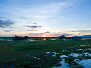 Obraz premium Sunset over the river. Tourism in Bangladesh. Sunset Landscape in Sunamganj, Sylhet, Bangladesh