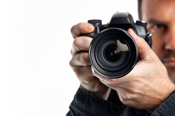 Photographer focusing camera lens on subject in bright studio