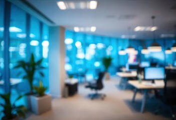 At night beautiful Abstract blurred office interior room. blurry working space with defocused effect, ai