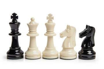 Classic chess pieces arranged in a row on a white background