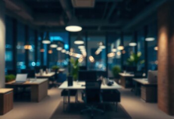 At night beautiful Abstract blurred office interior room. blurry working space with defocused effect, ai
