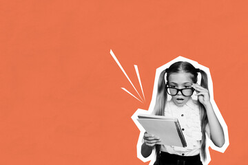 Composite photo collage of astonished shocked teenage girl hold notepad homework tasks load school...