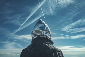 Chemtrail conspiracy theory concept with back view of person with tinfoil hat looking at sky with condensation trails