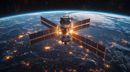 A satellite orbits the Earth, illuminated by city lights in the darkness of space.