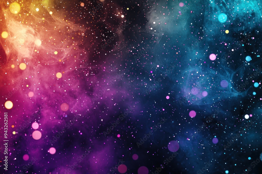 Wall mural colorful cosmic background with hanging stars and glowing particles generative ai