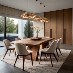 Fototapeta premium Modern dining room with wooden table, chairs, and ceiling lamps