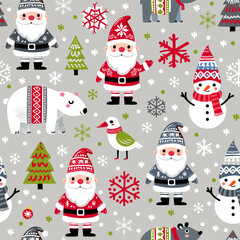Simple vector seamless pattern for kids with Santa, Christmas tree and snowflakes. Christmas print for wrapping paper, Christmas cards, scrapbooking
