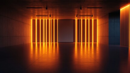 Fototapeta premium Modern Interior Space with Glowing Orange Light Stripes and Reflections in a Dark Room