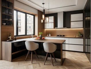 Modern Kitchen with Island, Bar Stools, and Wood Accents